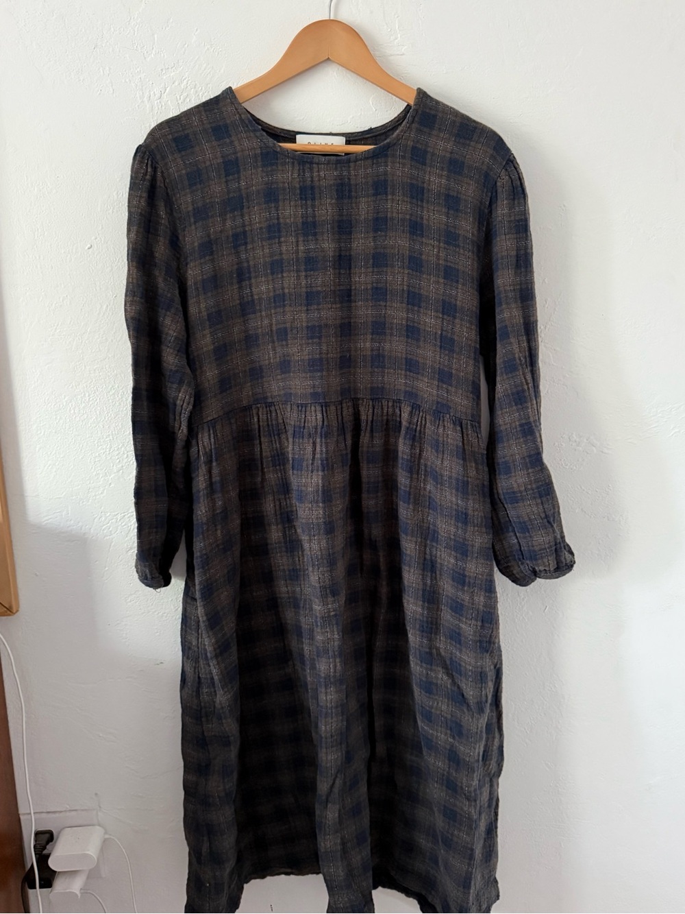 Olive- Women’s Checked Long Sleeve Midi Dress - Navy & Brown